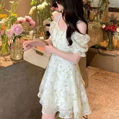 Fairycore Embroidery French Temperament Light Green Mini Floral Dress