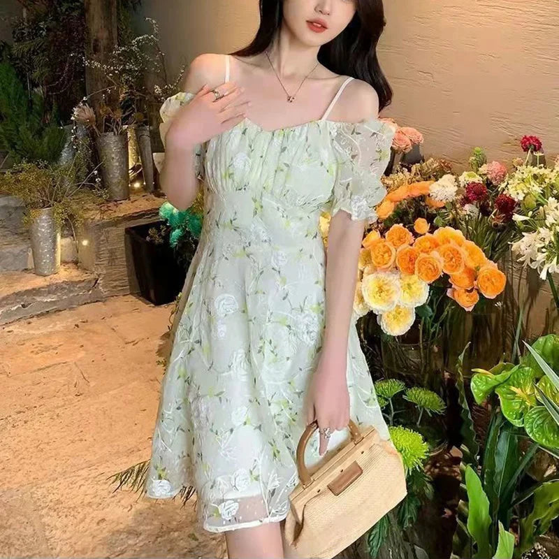 Fairycore Embroidery French Temperament Light Green Mini Floral Dress