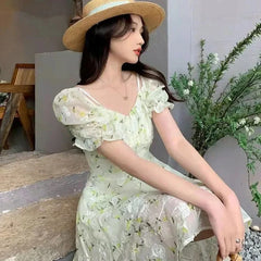 Fairycore Embroidery French Temperament Light Green Mini Floral Dress