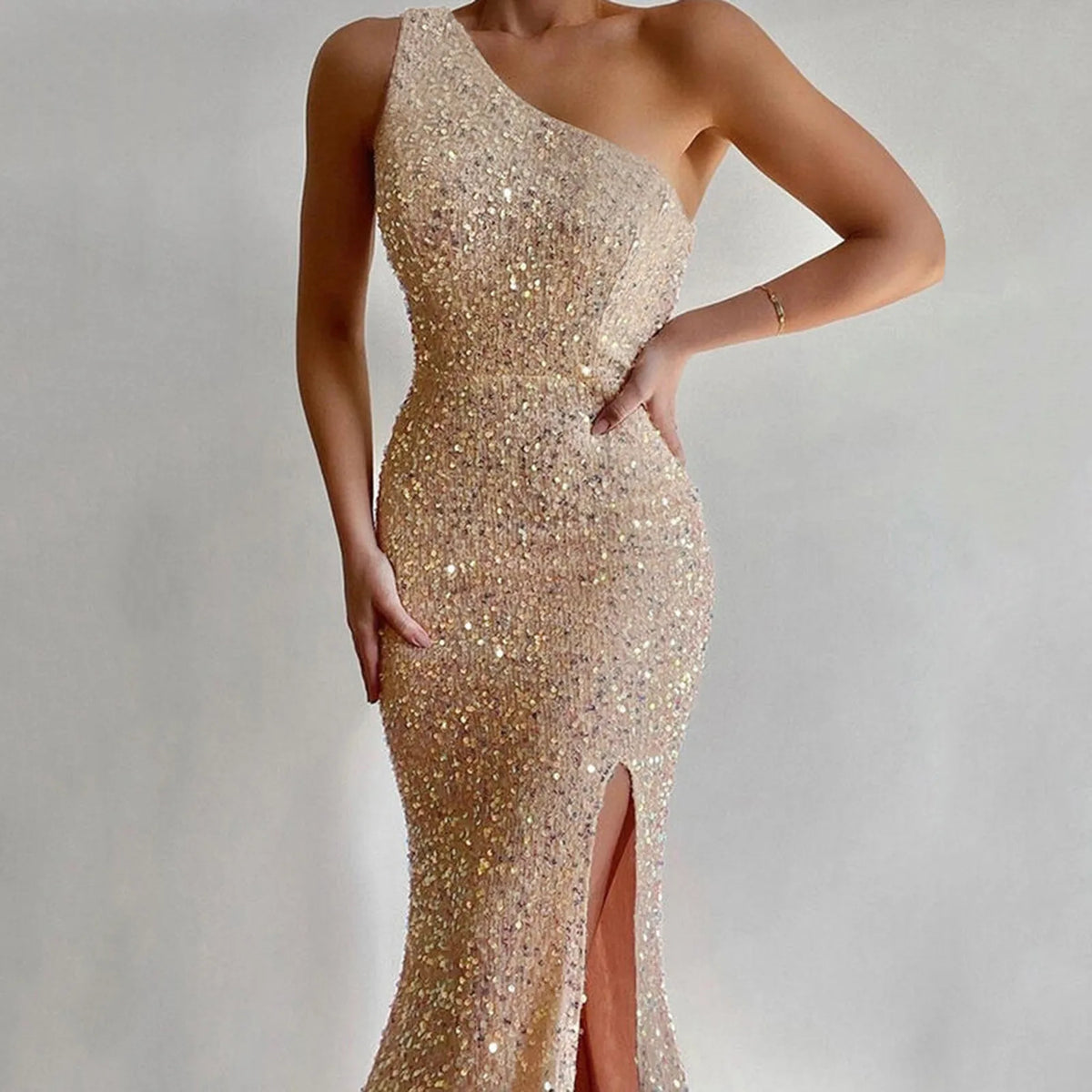 Classy One Shoulder Glitter Side Slit Sleeveless Midi Dress