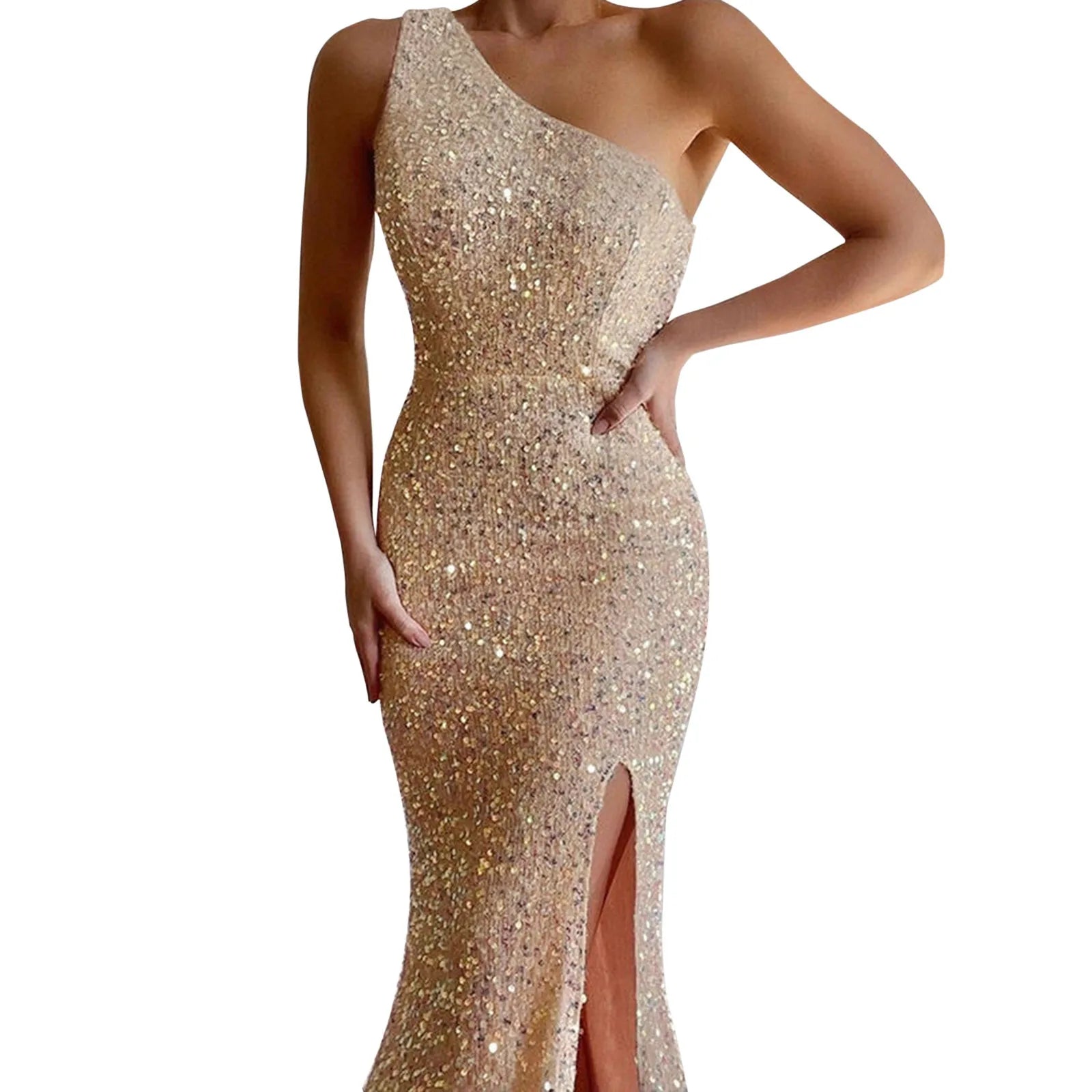 Classy One Shoulder Glitter Side Slit Sleeveless Midi Dress