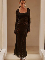 Fantoye See Through Lace Long Sleeve Floral Maxi Dress