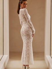 Fantoye See Through Lace Long Sleeve Floral Maxi Dress