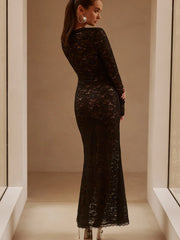 Fantoye See Through Lace Long Sleeve Floral Maxi Dress