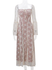 Spring High Waist Long Sleeve Elegant Party Clubwear Lace Dress
