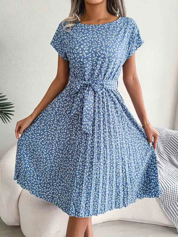 Fashion Floral A Line Short Sleeve High Waist Chic Midi Dresses