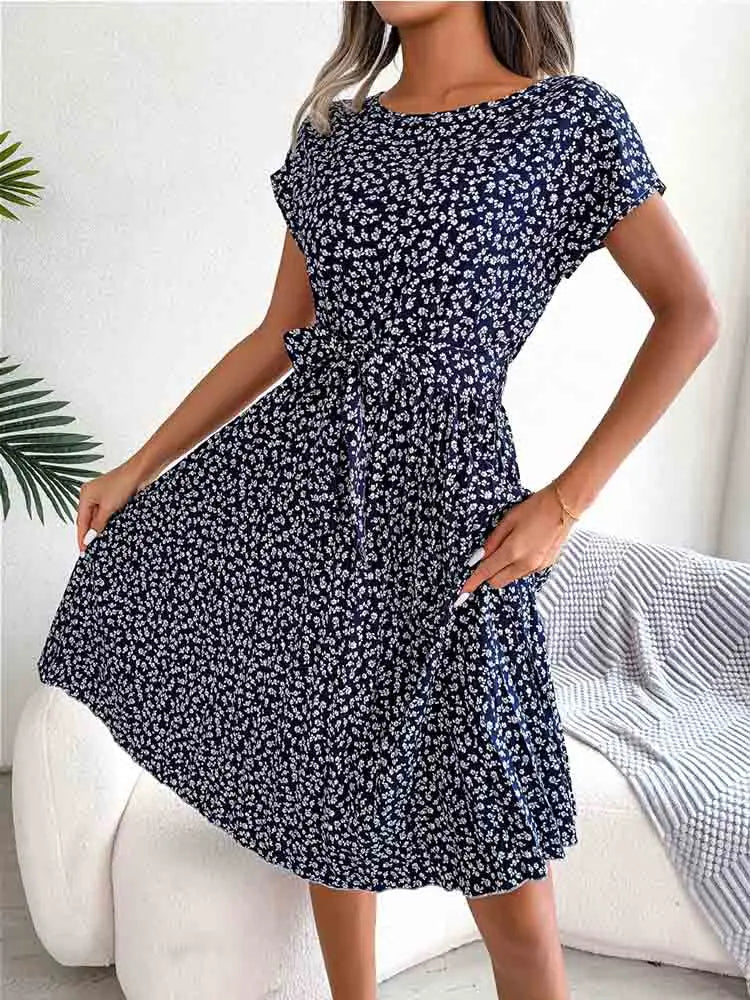 Fashion Floral A Line Short Sleeve High Waist Chic Midi Dresses