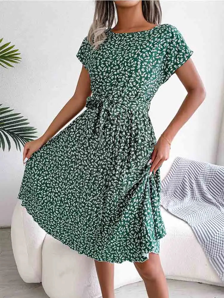 Floral Pleated A Line Long Spring Short High Chic  Midi Dresses