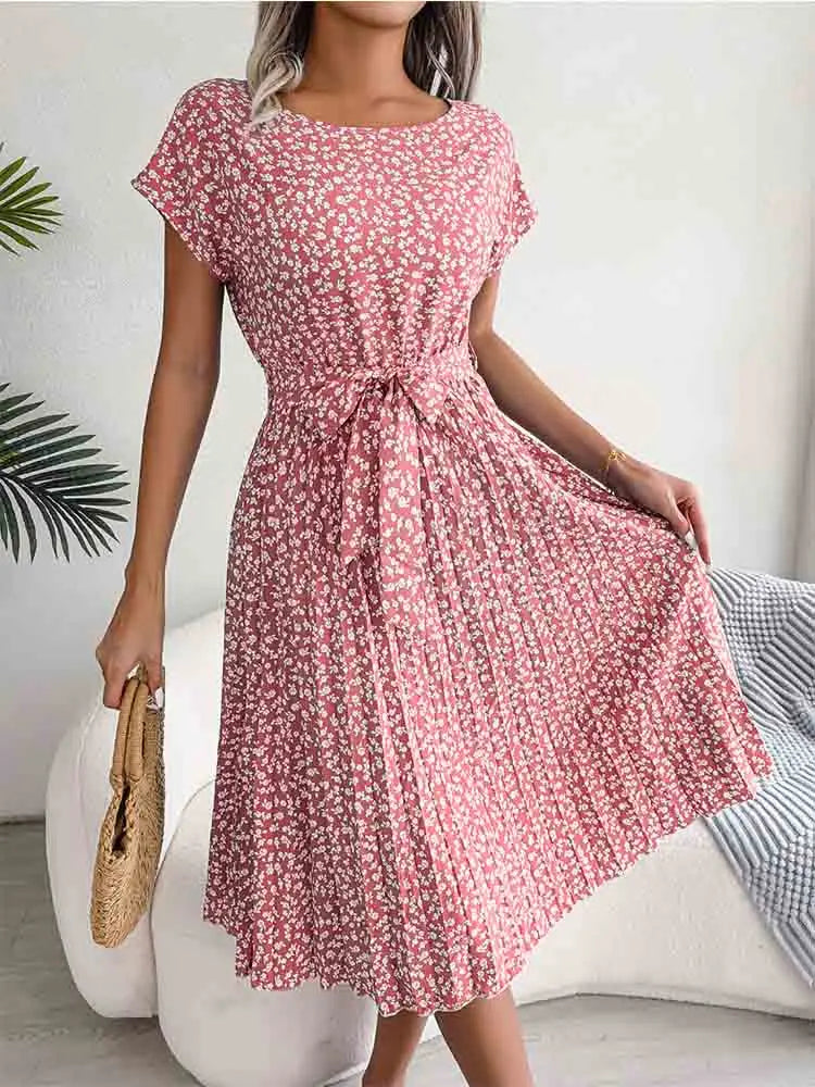 Fashion Floral A Line Short Sleeve High Waist Chic Midi Dresses