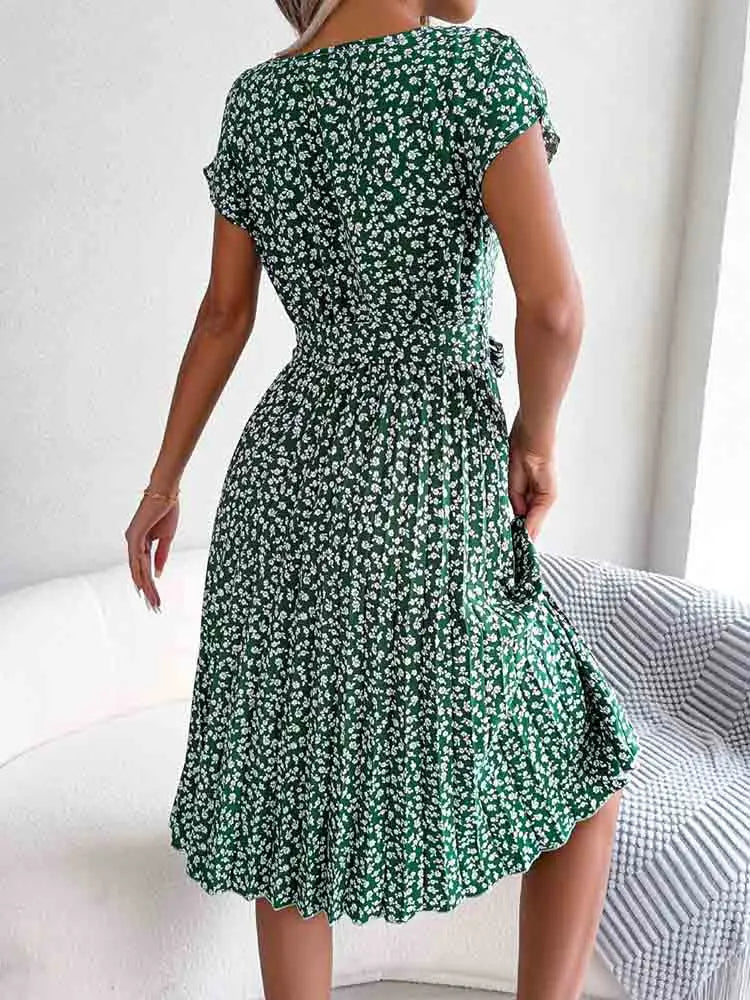 Floral Pleated A Line Long Spring Short High Chic  Midi Dresses