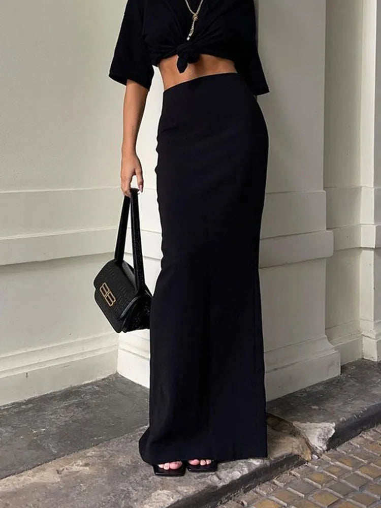 Black High Waist Seamless Elegant Summer Maxi Skirt