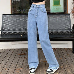 Blue Straight Basic Loose Casual Full-Length  Jeans
