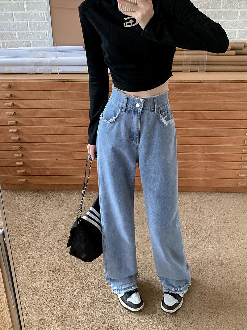 Blue Straight Basic Loose Casual Full-Length  Jeans