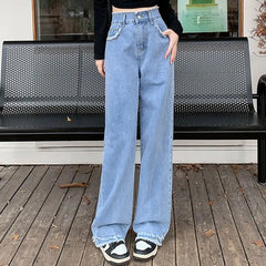 Blue Straight Basic Loose Casual Full-Length  Jeans