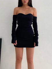 Off Shoulder  Autumn Long Basic Black Slash Neck Clothes Midi Dresses