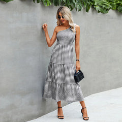 Fashionable One Shoulder Sleeveless Gingham Print  Summer Casual Loose Holiday Elegant Woman Party Dress