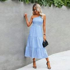Fashionable One Shoulder Sleeveless Gingham Print  Summer Casual Loose Holiday Elegant Woman Party Dress