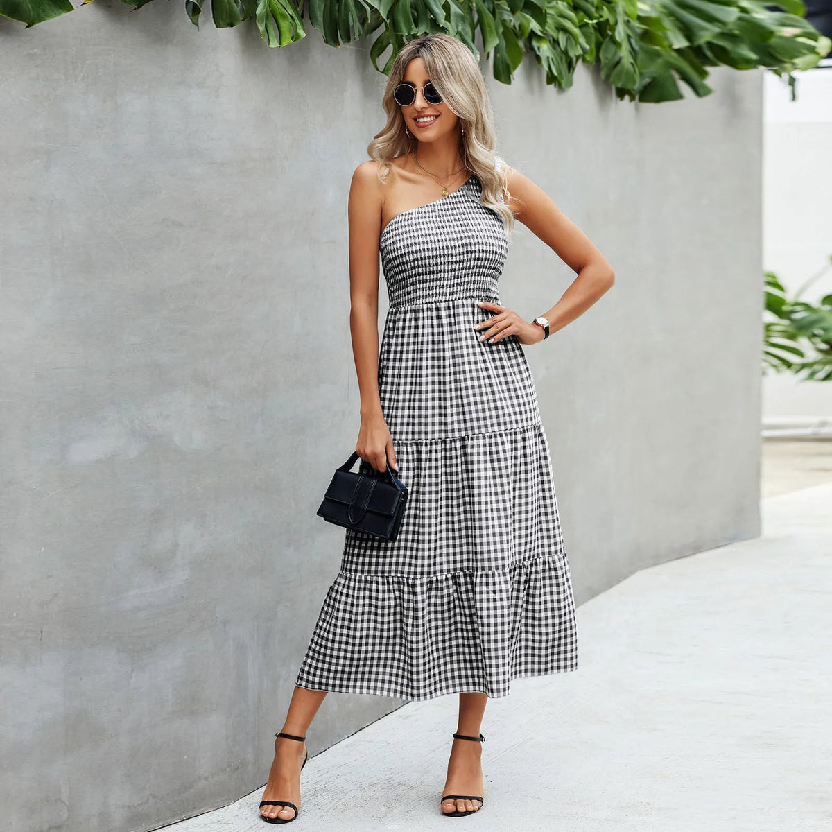 Fashionable One Shoulder Sleeveless Gingham Print  Summer Casual Loose Holiday Elegant Woman Party Dress