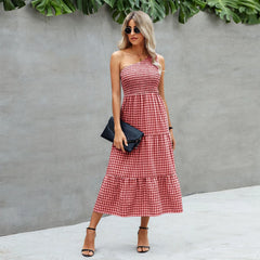 Fashionable One Shoulder Sleeveless Gingham Print  Summer Casual Loose Holiday Elegant Woman Party Dress