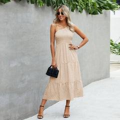 Fashionable One Shoulder Sleeveless Gingham Print  Summer Casual Loose Holiday Elegant Woman Party Dress