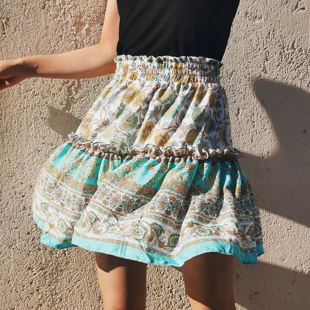 Indie Folk Vintage Elastic Waist Floral Print Ruffles Short Skirt