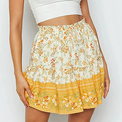 Indie Folk Vintage Elastic Waist Floral Print Ruffles Short Skirt