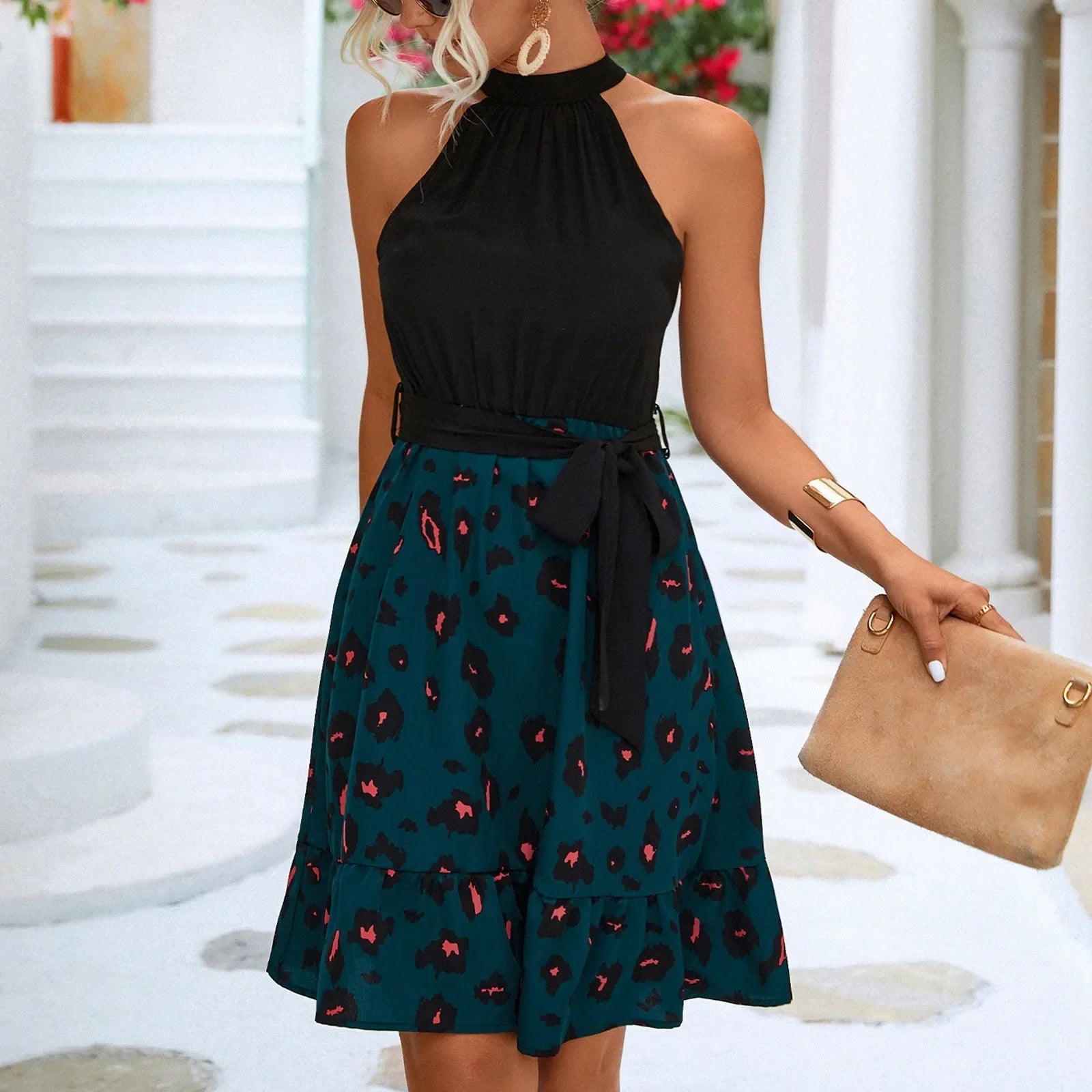 Elegant Sleeveless Halter Neck Solid Color Fashion Stitching Midi Dress