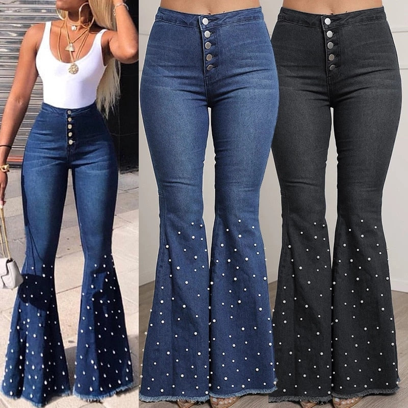 Fashion Solid Beading Flared Jeans High Waist Single-breasted Casual Denim