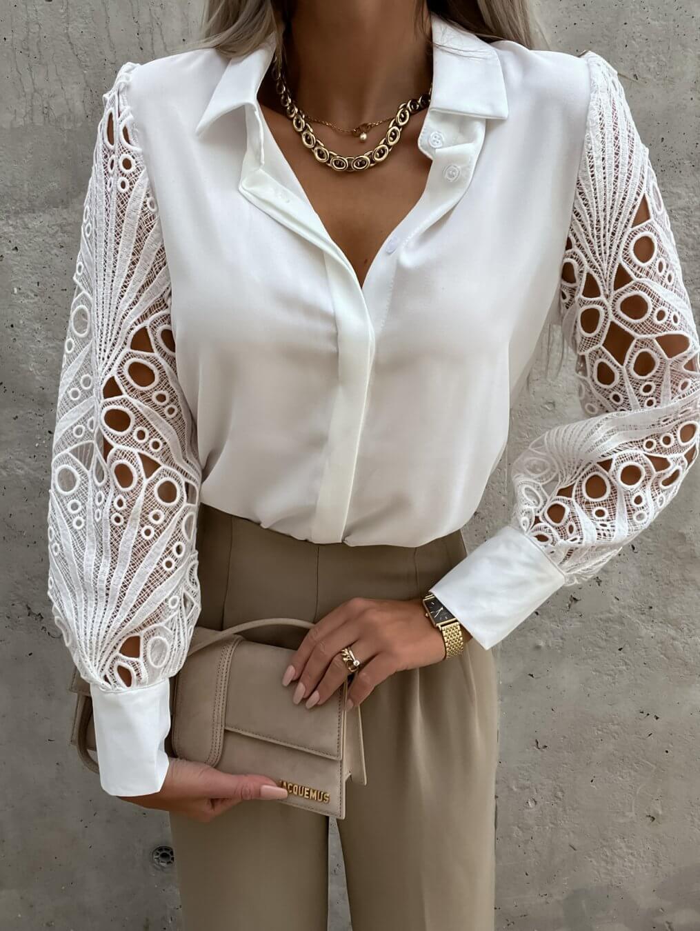 Fashion Solid Satin Lace Turn Down Neck Blouses