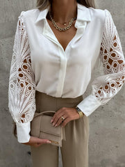 Fashion Solid Satin Lace Turn Down Neck Blouses