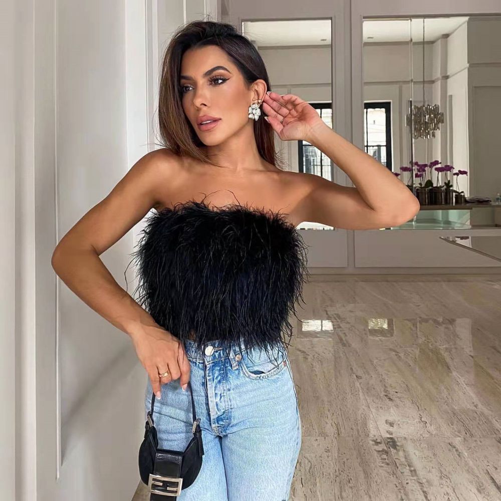 Faux Ostrich Feather Soft Fur Tank Short Vest Colorful  Backless Nightclub Tube Top