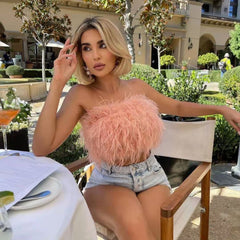 Faux Ostrich Feather Soft Fur Tank Short Vest Colorful  Backless Nightclub Tube Top
