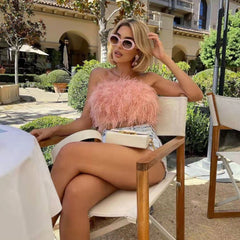 Faux Ostrich Feather Soft Fur Tank Short Vest Colorful  Backless Nightclub Tube Top