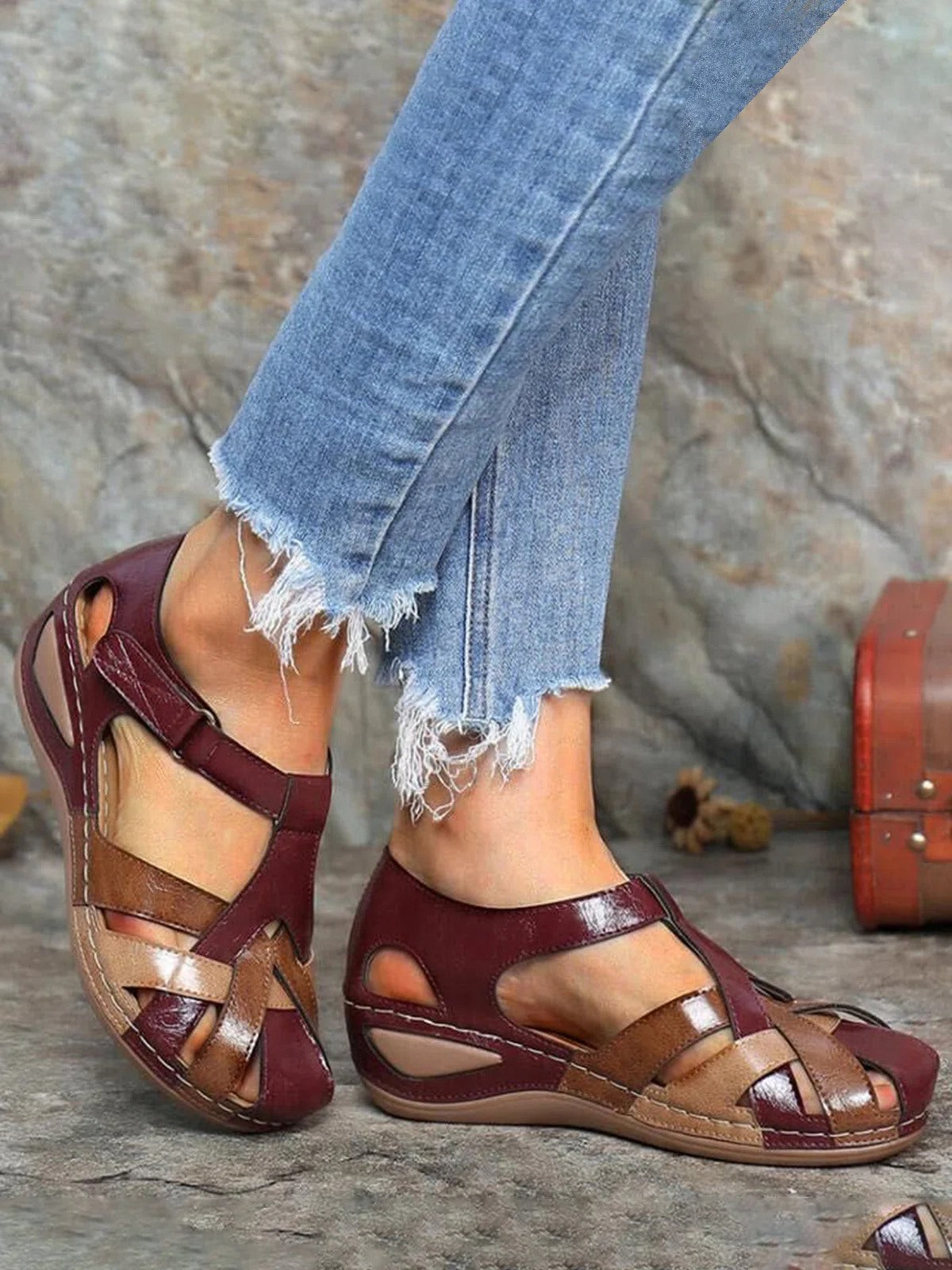 Faux Leather Vintage Contrast Comfortable Velcro Sandals