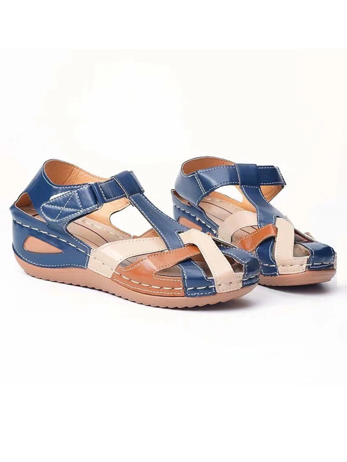 Faux Leather Vintage Contrast Comfortable Velcro Sandals