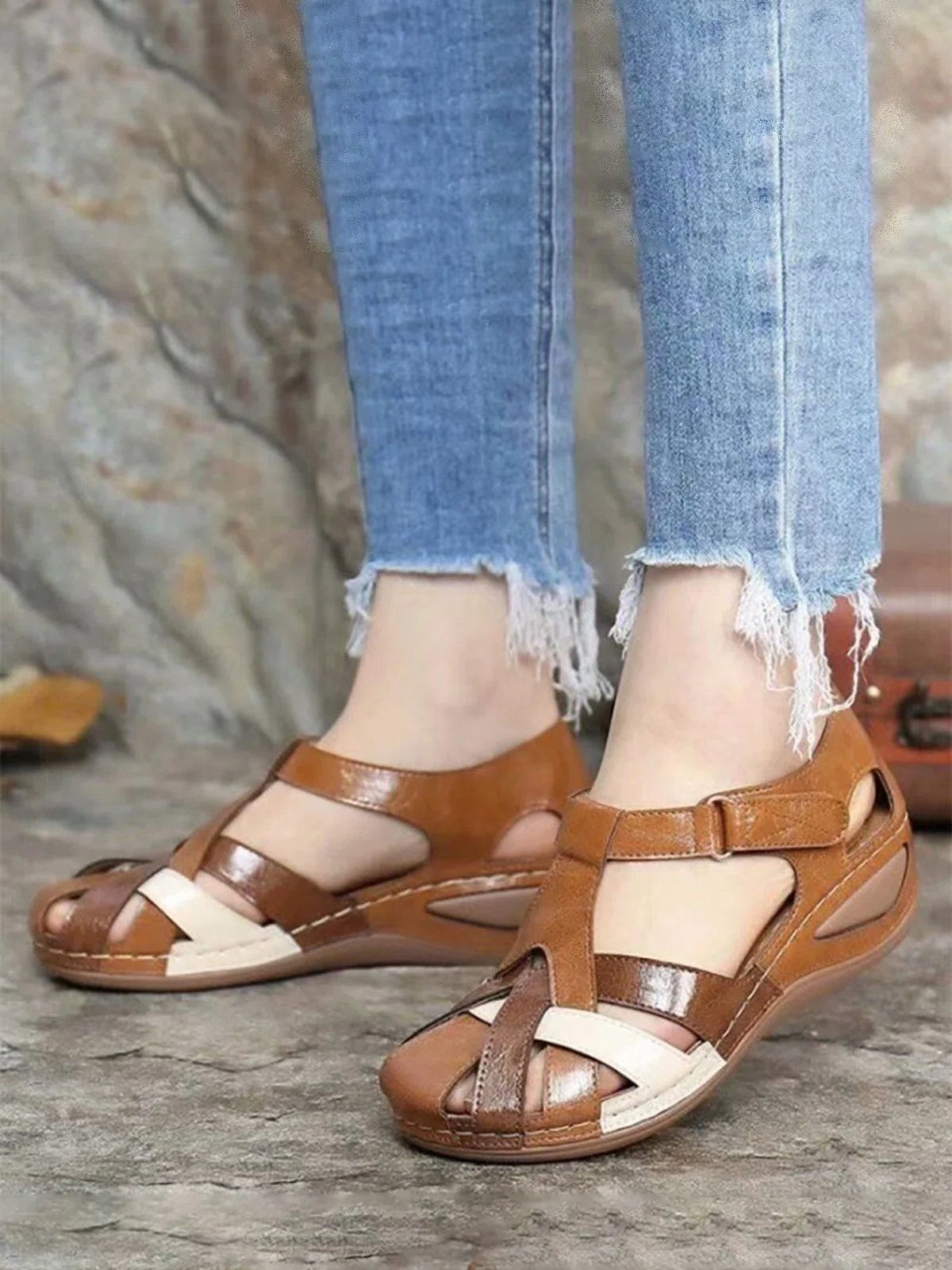 Faux Leather Vintage Contrast Comfortable Velcro Sandals