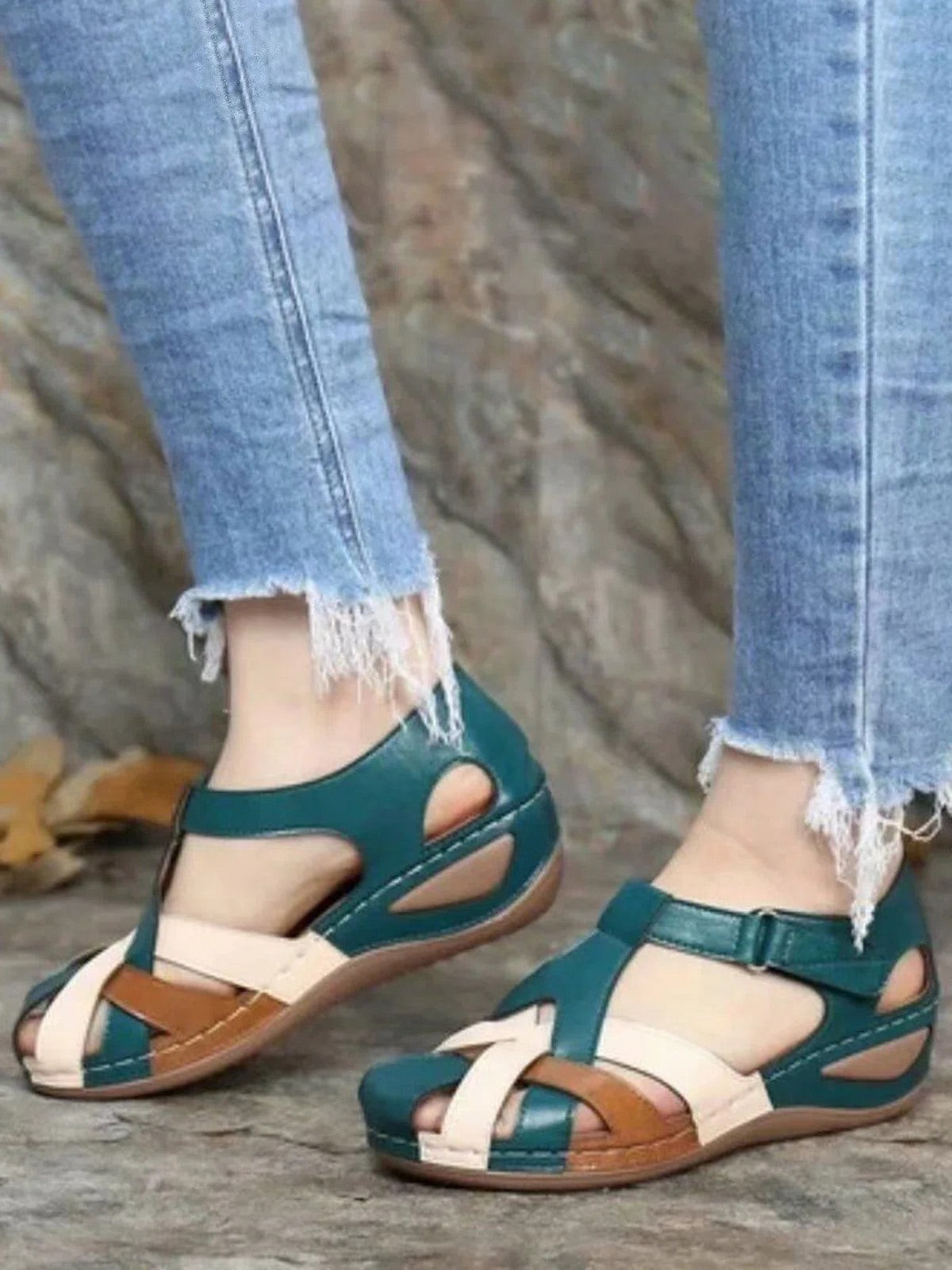 Faux Leather Vintage Contrast Comfortable Velcro Sandals