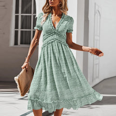 Summer Short Sleeve V-Neck Flowy Chic Party Beach Midi Dress