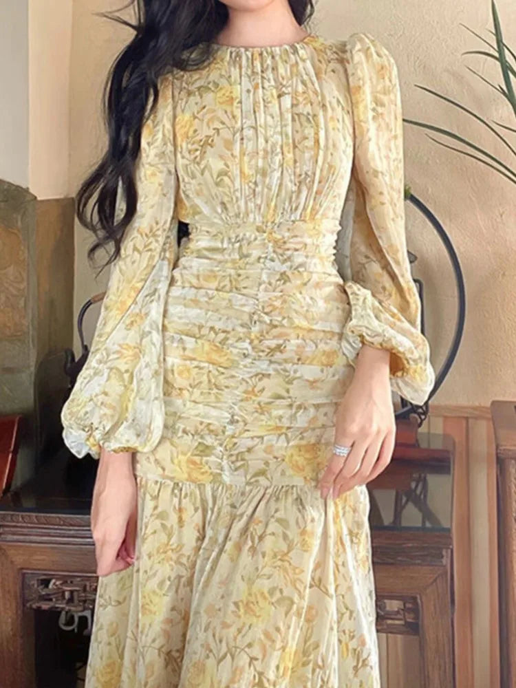 Elegant Floral Print Lace Long Sleeve Floral Dress