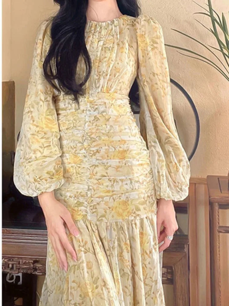 Elegant Floral Print Lace Long Sleeve Floral Dress