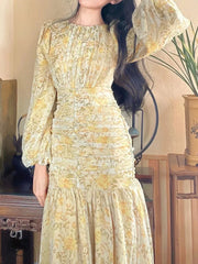 Elegant Floral Print Lace Long Sleeve Floral Dress