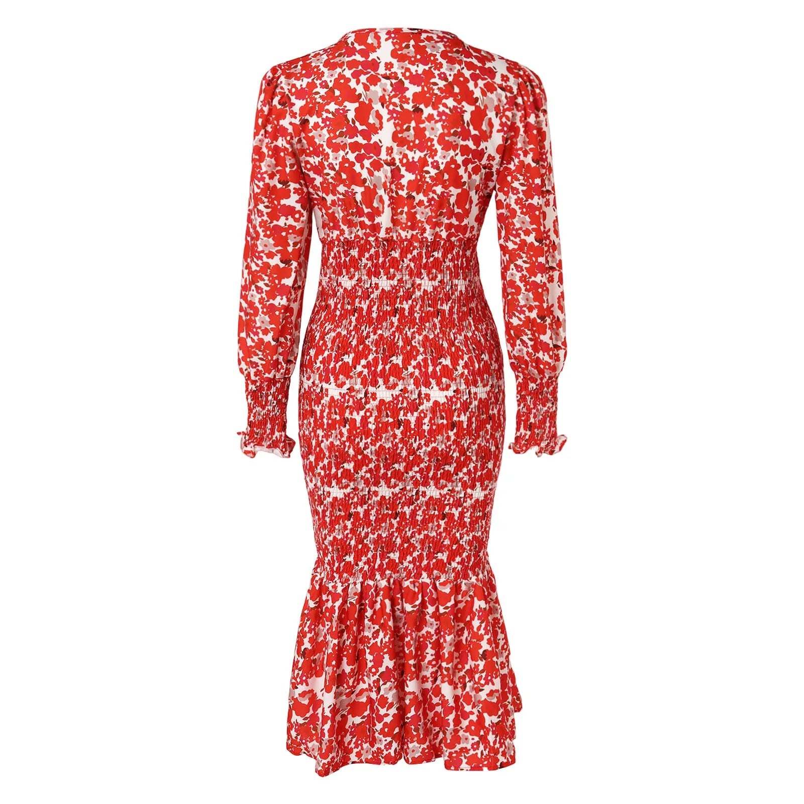 Elegant Floral Print V Neck Lantern Sleeve Midi Dress