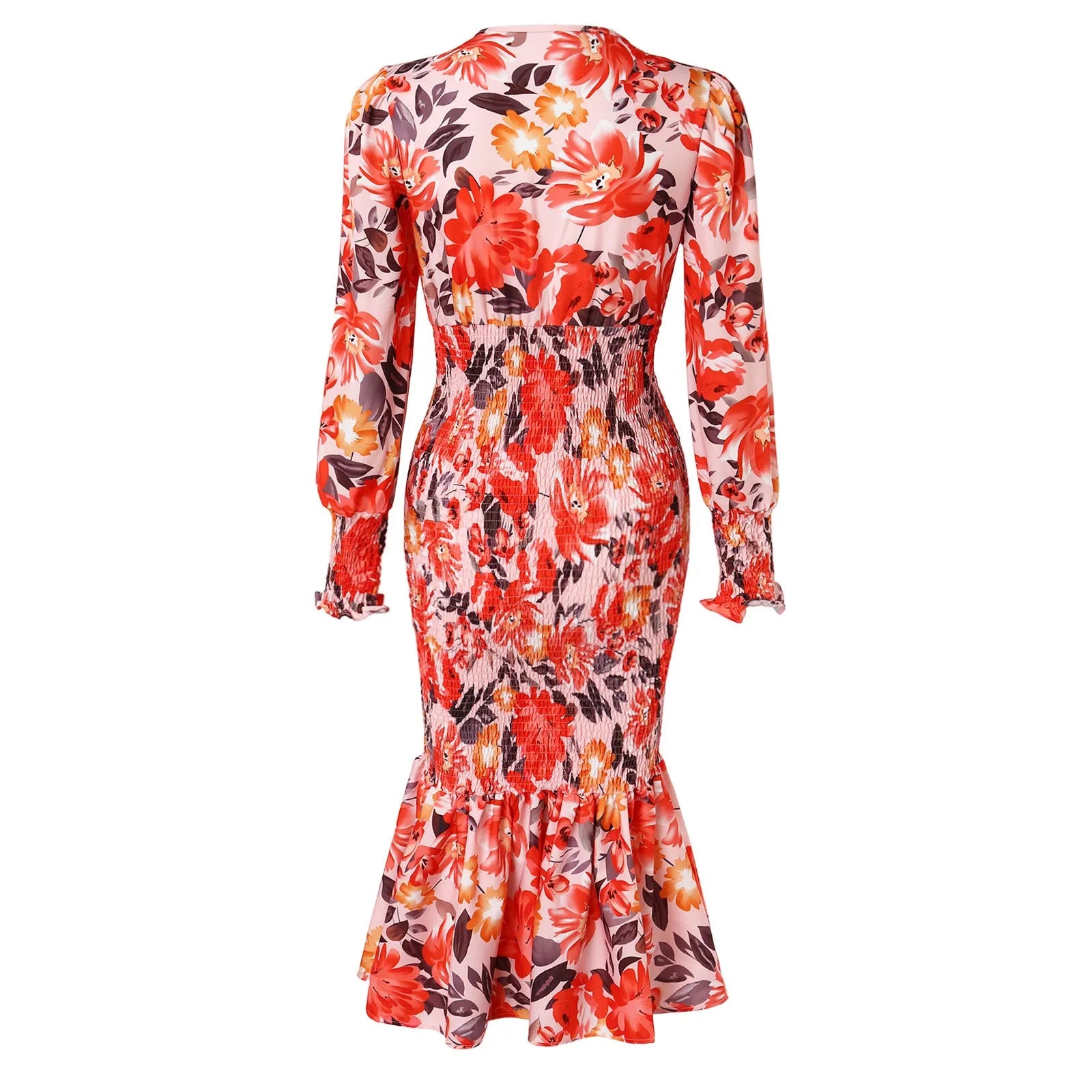 Elegant Floral Print V Neck Lantern Sleeve Midi Dress