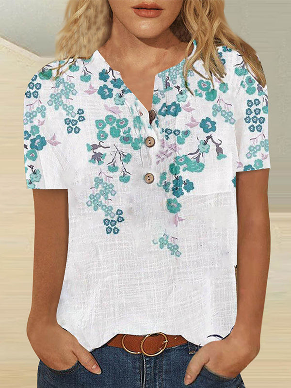 Flower Gradient Tops Button V Neck Short Sleeve Shirts Casual Blouses