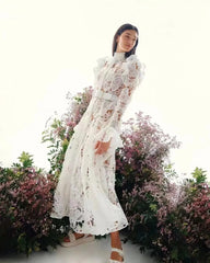 French Temperament Water-Soluble Single-Breasted Lace Dress