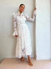 French Temperament Water-Soluble Single-Breasted Lace Dress