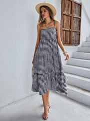 Spaghetti Strap Dresses Sleeveless Plaid Loose Adjustable Strap Gingham Dress
