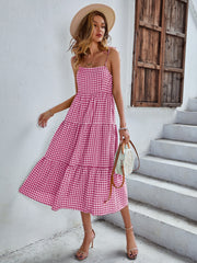 Spaghetti Strap Dresses Sleeveless Plaid Loose Adjustable Strap Gingham Dress