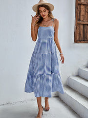 Spaghetti Strap Dresses Sleeveless Plaid Loose Adjustable Strap Gingham Dress