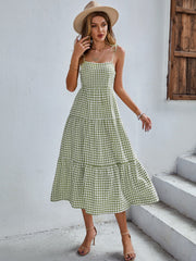 Spaghetti Strap Dresses Sleeveless Plaid Loose Adjustable Strap Gingham Dress